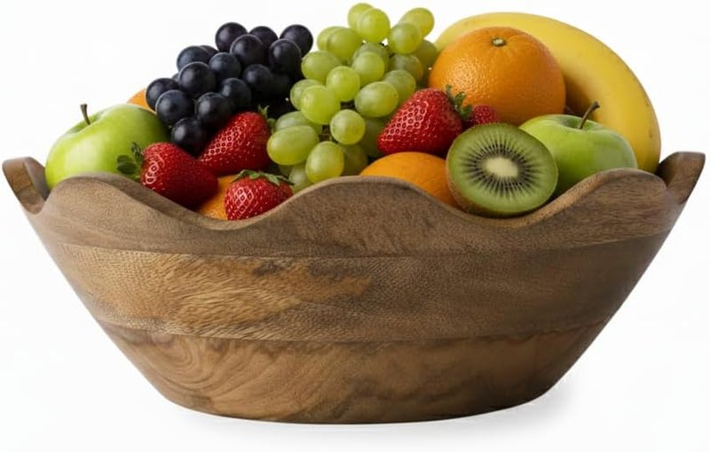 Mela Artisans Scalloped Decorative Wooden Bowl | 12 Inch Mango Wood Fruit & Serving Bowl | Natural Grain Finish | For Kitchen Counter | Snacks | Desserts | Bread | Handcrafted Home Decor - Image 1